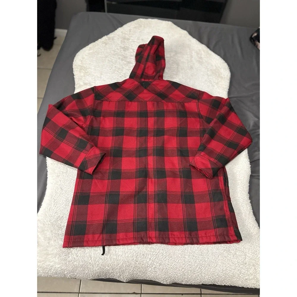 Dickie's Fleece-Lined Shacket Mens L Red Buffalo Plaid Snap Front Shirt Jacket